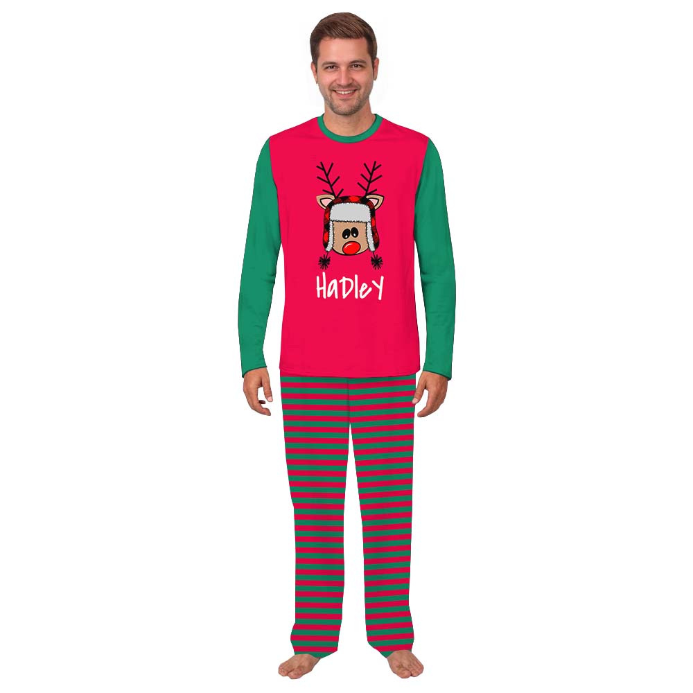 Personalized Reindeer Striped Green And Red Christmas Pajamas With Name Personalized Reindeer Striped Green And Red Christmas Pajamas With Name