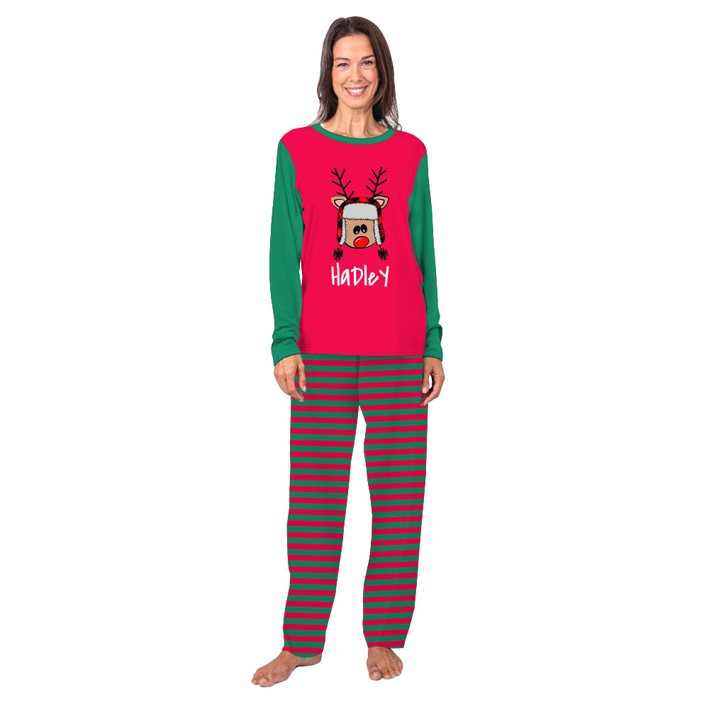 Personalized Reindeer Striped Green And Red Christmas Pajamas With Name Personalized Reindeer Striped Green And Red Christmas Pajamas With Name
