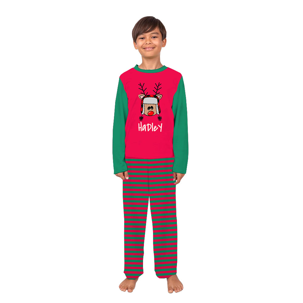 Personalized Reindeer Striped Green And Red Christmas Pajamas With Name Personalized Reindeer Striped Green And Red Christmas Pajamas With Name
