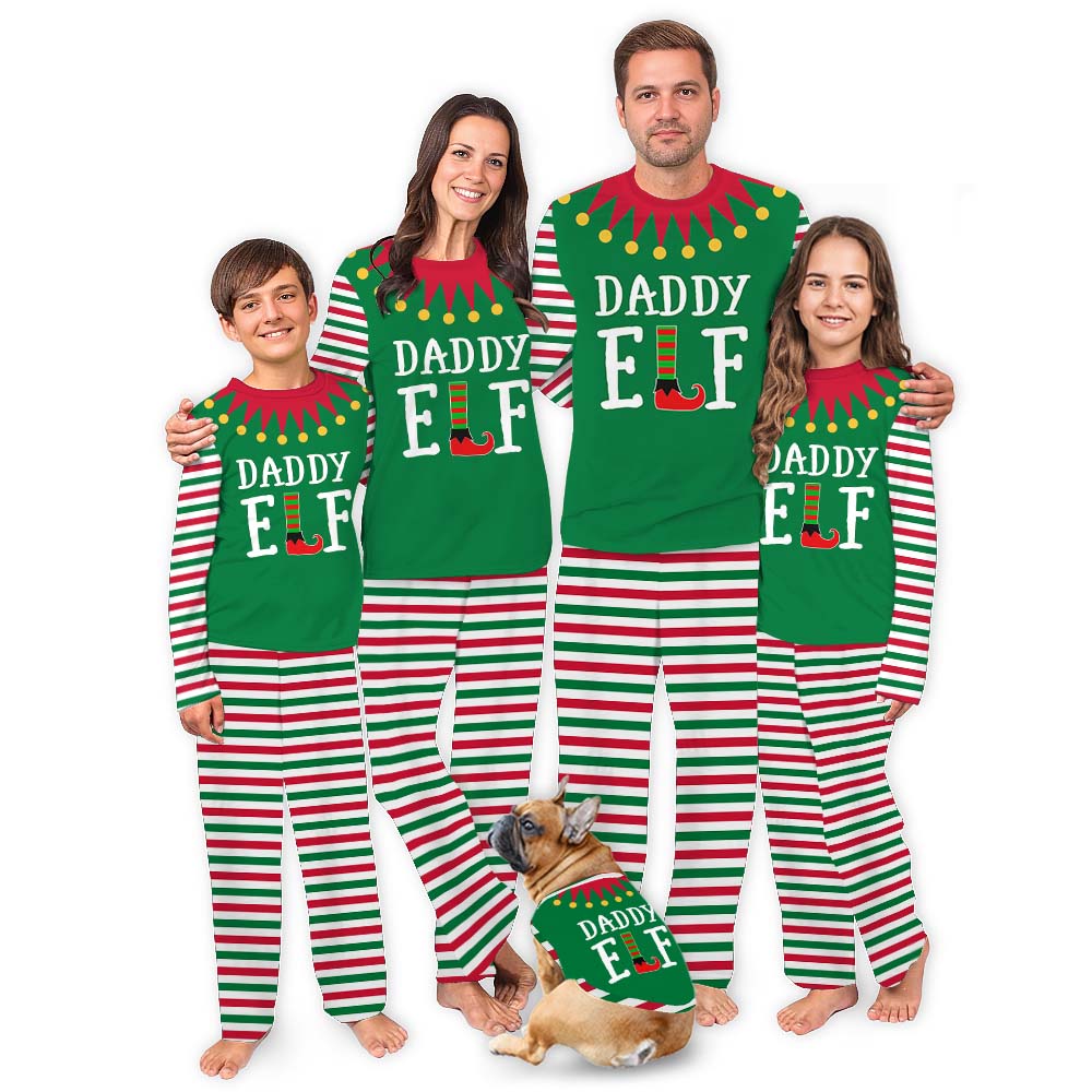 Funny Custom Elf Striped Family Christmas Pajamas With Dog Funny Custom Elf Striped Family Christmas Pajamas With Dog