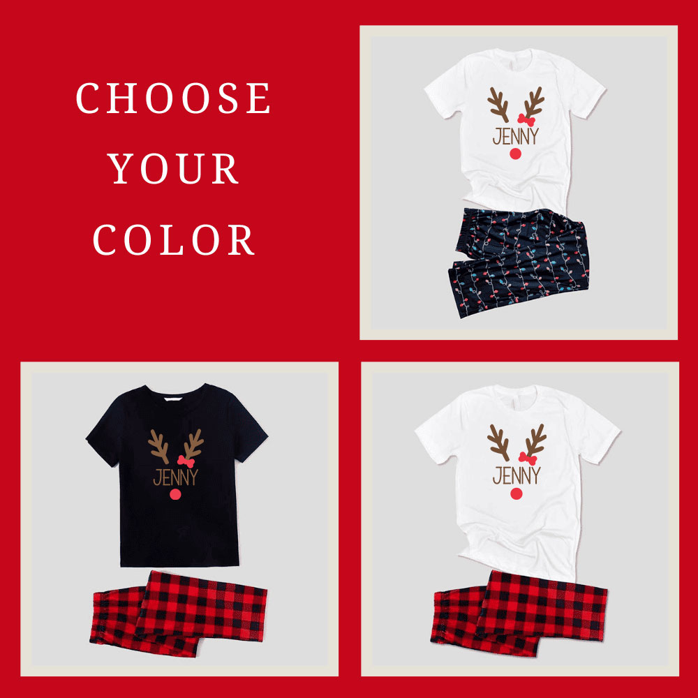 Customizable Name Red-nosed Reindeer Christmas Pjs Short Sleeves Customizable Name Red-nosed Reindeer Christmas Pjs Short Sleeves
