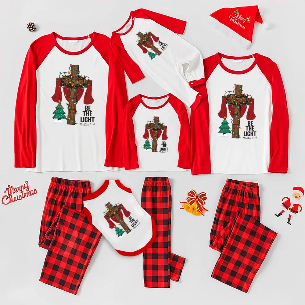 Festive Jesus Cross Christmas Pajamas Saying Be The Light Festive Jesus Cross Christmas Pajamas Saying Be The Light