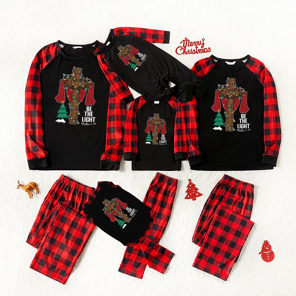 Festive Jesus Cross Christmas Pajamas Saying Be The Light Festive Jesus Cross Christmas Pajamas Saying Be The Light