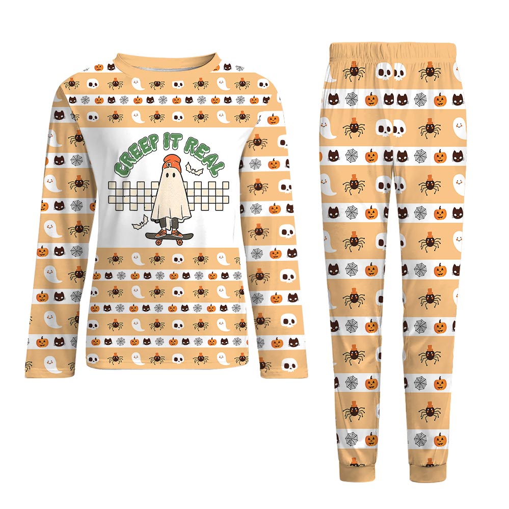 Creep It Real Skateboarding Ghost Halloween Pajamas Set Creep It Real Skateboarding Ghost Halloween Pajamas Set