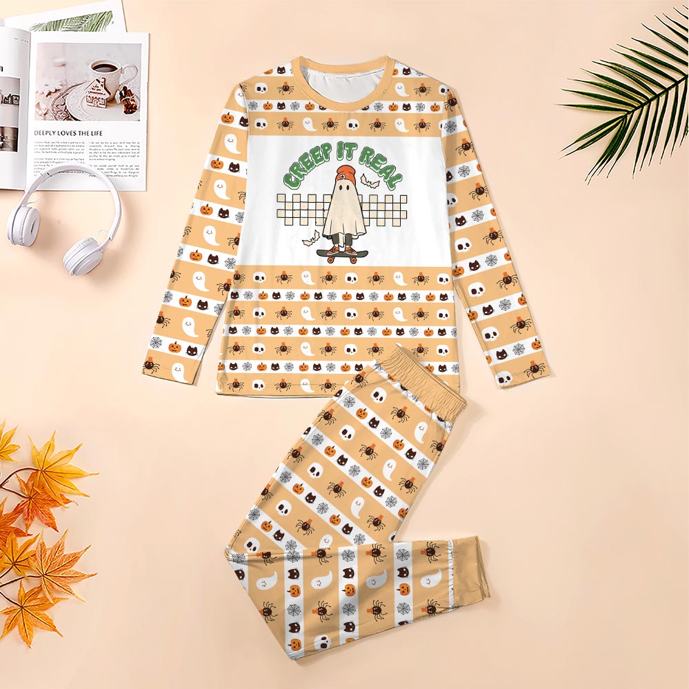 Creep It Real Skateboarding Ghost Halloween Pajamas Set Creep It Real Skateboarding Ghost Halloween Pajamas Set