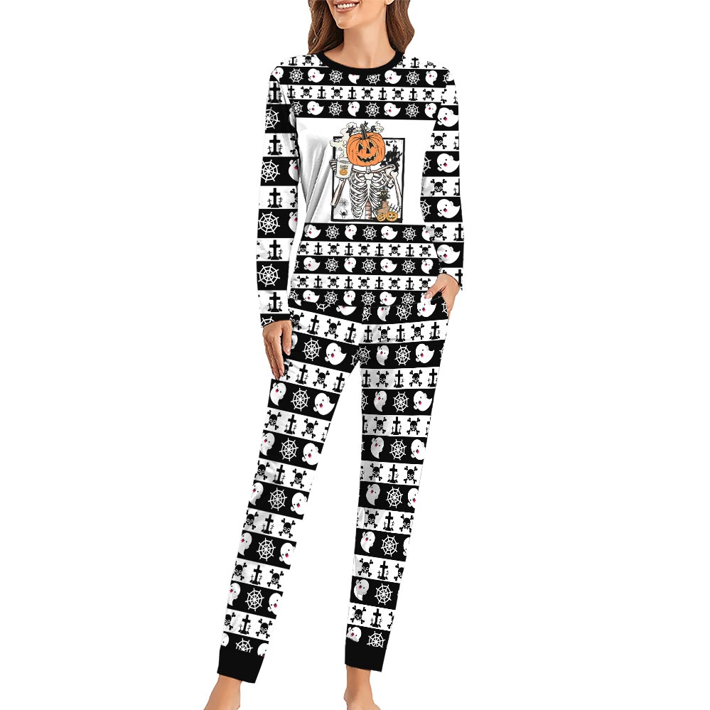 Coffee Skeleton Matching Halloween Pajamas With Dog Coffee Skeleton Matching Halloween Pajamas With Dog