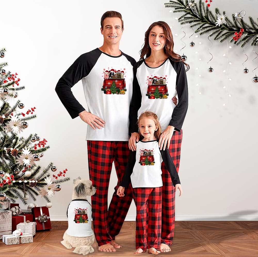 Festive Christmas Matching Pajamas With Farm Animals Red Truck Festive Christmas Matching Pajamas With Farm Animals Red Truck