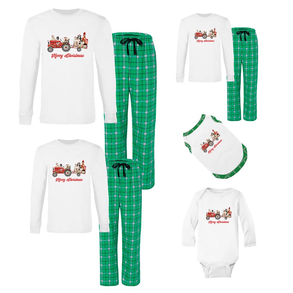 Playful Farm Animals On Tractor Christmas Pajamas Playful Farm Animals On Tractor Christmas Pajamas