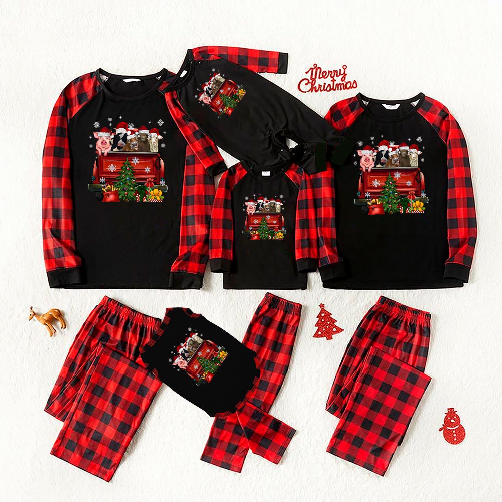 Festive Christmas Matching Pajamas With Farm Animals Red Truck Festive Christmas Matching Pajamas With Farm Animals Red Truck