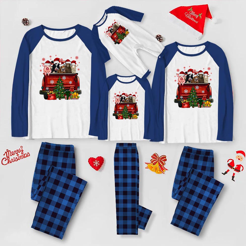 Festive Christmas Matching Pajamas With Farm Animals Red Truck Festive Christmas Matching Pajamas With Farm Animals Red Truck