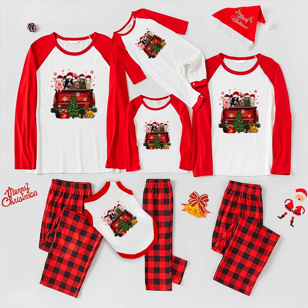 Festive Christmas Matching Pajamas With Farm Animals Red Truck Festive Christmas Matching Pajamas With Farm Animals Red Truck