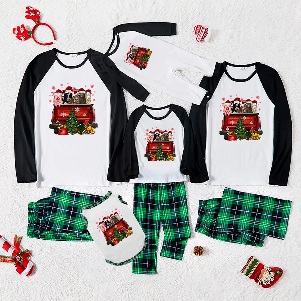 Festive Christmas Matching Pajamas With Farm Animals Red Truck Festive Christmas Matching Pajamas With Farm Animals Red Truck