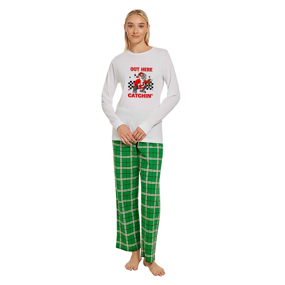 Playful Santa Claus Baseball Catcher Christmas Pjs Cotton Playful Santa Claus Baseball Catcher Christmas Pjs Cotton