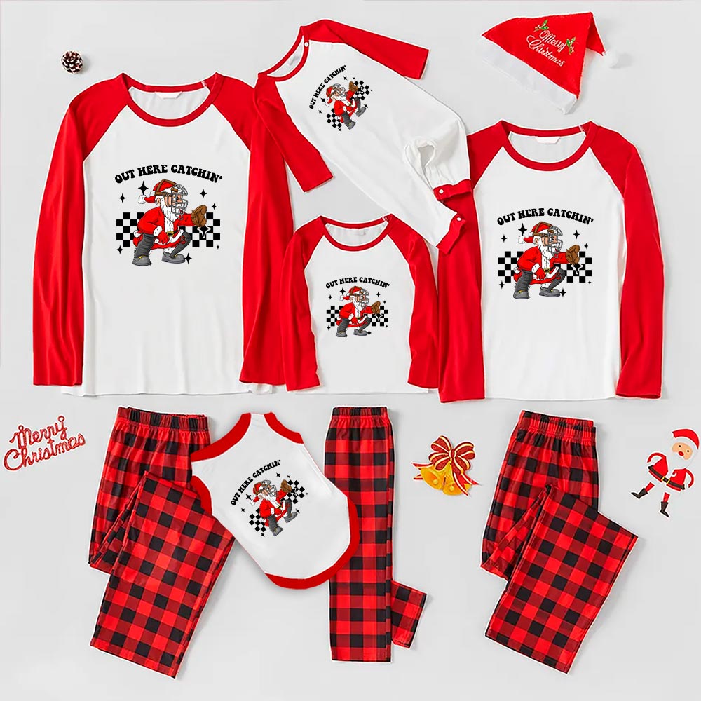 Sporty Christmas Pjs Print Santa Claus Baseball Catcher