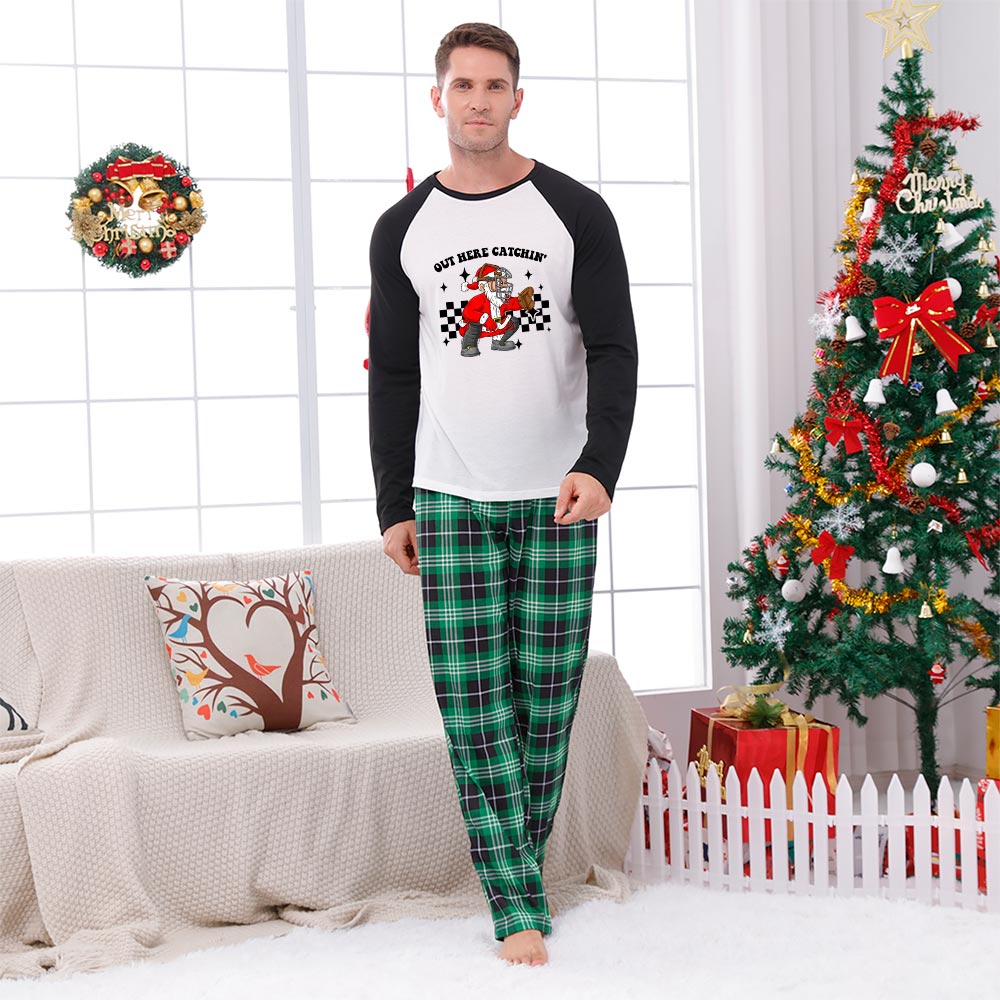 Sporty Christmas Pjs Print Santa Claus Baseball Catcher